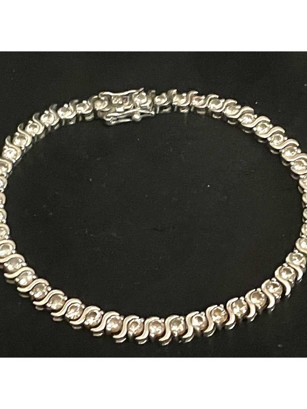 Vintage Sterling Tennis Bracelet Round Clear Cubic Zirconia  7"